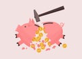 Piggy bank broken by hammer. Broken pink piggy bank spillover savings cash.