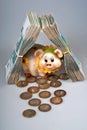 Piggy bank and bunch of russian rubles banknotes as real estate Royalty Free Stock Photo
