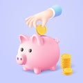 Piggy bank with business hand holding golden coin 3d illustration Royalty Free Stock Photo