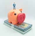 A piggy bank and a businessman`s figurine standing on top of a wad of hundred dollar bills Royalty Free Stock Photo