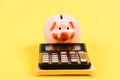 piggy bank with calculator. Moneybox. bookkeeping. financial report. family budget management. business start up Royalty Free Stock Photo