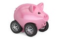 Piggy bank on car wheels, 3D rendering Royalty Free Stock Photo