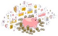 Piggy bank with cash money dollar stacks and coins piles isolated on white, personal savings concept. Isometric 3d vector finance Royalty Free Stock Photo