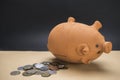 Piggy Bank of ceramics dumped next to several coins Royalty Free Stock Photo