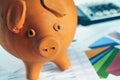 Piggy bank, charts and calculator Royalty Free Stock Photo