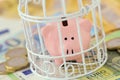 Piggy bank closed in a cage on euro money - Concept of savings blocked