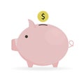 Piggy bank with a coin. Accumulation and saving money icon. Vector flat illustration on white background Royalty Free Stock Photo