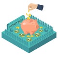 Piggy bank with coin cash, banking business vector illustration. Hand with money, financial currency deposit concept at Royalty Free Stock Photo