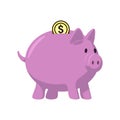 Piggy bank with a coin. Color vector illustration of a flat style. White isolated background. Royalty Free Stock Photo