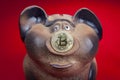 Piggy bank with a coin of electronic crypto currency bitcoin.