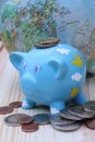 Piggy bank and coins