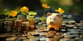 Piggy bank and coins against the background of the street. Saving money concept