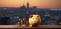 Piggy bank with coins and bank blurred building background dark themed wide banner with copy space area