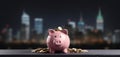 Piggy bank with coins and bank blurred building background dark themed wide banner with copy space area