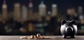 Piggy bank with coins and bank blurred building background dark themed wide banner with copy space area