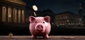 Piggy bank with coins and bank blurred building background dark themed wide banner with copy space area