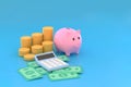 Piggy bank, coins, banknotes and calculator for symbol business saving