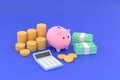 Piggy bank, coins, banknotes and calculator for symbol business saving