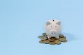 Piggy bank and coins on the blue background. Saving investment budget wealth business retirement, financial, money, banking Royalty Free Stock Photo