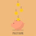 Piggy bank with coins in a flat design. The concept of saving or save money or open a bank deposit