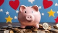 piggy bank and coins A piggy bank with a red heart sticker on its side. The piggy bank is full of coins and bitcoin