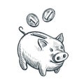 Piggy bank and coins, sketch. Business, banking concept. Hand drawn vector illustration