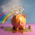 Piggy bank with coins, under a colorful rainbow in the sky