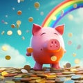 Piggy bank with coins, under a colorful rainbow in the sky