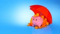 Piggy bank with coins under a red umbrella. Insurance of your savings, money protection. Copy space for text. 3d render. Royalty Free Stock Photo