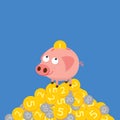 Piggy bank collecting coins. Cute cartoon illustration.