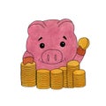 Piggy bank with columns of coins