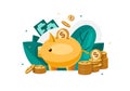 Piggy bank concept.Vector illustration with coins and dollars. Royalty Free Stock Photo