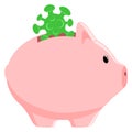 Piggy bank with coronavirus bacteria instead of coins. Isolated vector COVID-19 illustration. Economy crisis and collapse. Finance