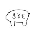 Piggy bank with currency symbols, dollar euro and yen. Doodle simple outline pictogram. Vector hand drawn black and white Royalty Free Stock Photo