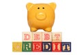 Piggy bank with debt and credit text