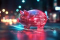 Piggy bank designed to resemble a blockchain ledger showcasing digital financial concepts illuminated at night