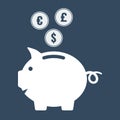 Piggy bank different currencies coins, flat vector illustration Royalty Free Stock Photo