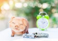 A piggy bank,dollar bills and a blur alarm clock on out of focus background Royalty Free Stock Photo