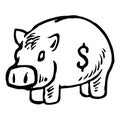 Piggy bank and dollar coin sketch icon for web and mobile. Save money Doodle style. Hand drawn vector icon isolated on white Royalty Free Stock Photo