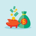 Piggy bank with dollar money - vector illustration in flat style. Rich concept banner. Saving and investing creative layout.