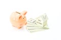 Piggy bank, dollars banknotes and home model on white background Royalty Free Stock Photo