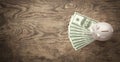 Piggy bank and dollars on wooden background