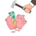 the piggy bank is empty and cracked, broken. Vector illustration in a flat style. The concept of lack of money, poverty