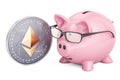 Piggy bank with ethereum coin, 3D rendering