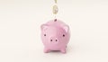 Piggy bank and euro coins. Funds and budgeting of economy. Investment income, real estate banking. Pink pig bank on pink