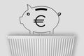 Piggy bank with euro sign on home heating radiator. Energy crisis and expensive heating costs for winter season. Royalty Free Stock Photo