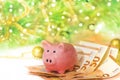 Piggy bank with euros on new year background