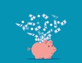 Piggy bank expelling money into the air. Piggy bank concept. Flat cartoon vector style