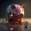 The piggy bank explodes and shatters into pieces, concept of Scattered Money . Econimy recession stagflation Royalty Free Stock Photo