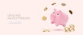 Piggy bank with falling coins in 3d realistic style. Vector illustration Royalty Free Stock Photo